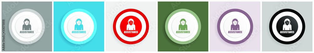 Poster Assistance icon set, colorful flat design vector illustrations in 6 options for web design and mobile applications