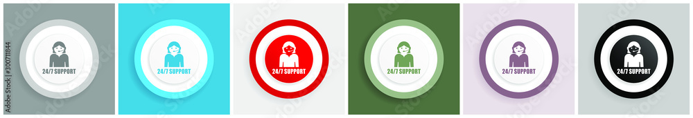 Poster 24/7 support icon set, colorful flat design vector illustrations in 6 options for web design and mobile applications