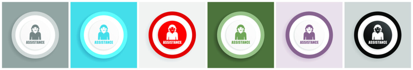 Assistance icon set, colorful flat design vector illustrations in 6 options for web design and mobile applications