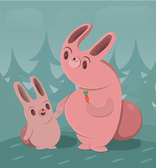 rabbit mother holds out a carrot to the rabbit to a child on a background of blue forest
