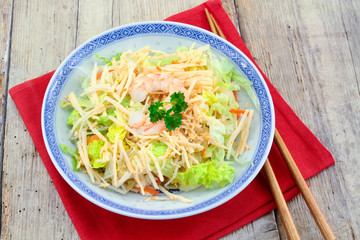 Chinese salad dish with shrimp and soy sprouts