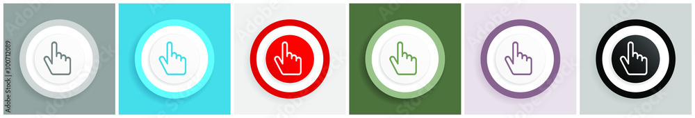 Poster cursor hand icon set, colorful flat design vector illustrations in 6 options for web design and mobi