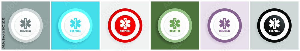 Poster hospital icon set, colorful flat design vector illustrations in 6 options for web design and mobile 