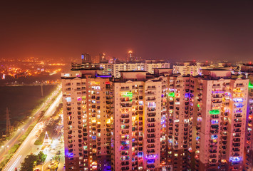 High rise buildings lighted up in the festive season on the occasion of christmas and new year 