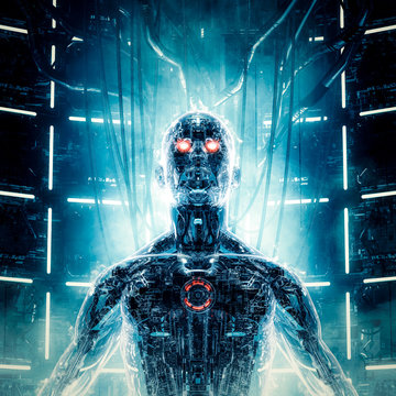 Maximum power achieved / 3D illustration of futuristic metallic science fiction male humanoid cyborg recharging inside computer core