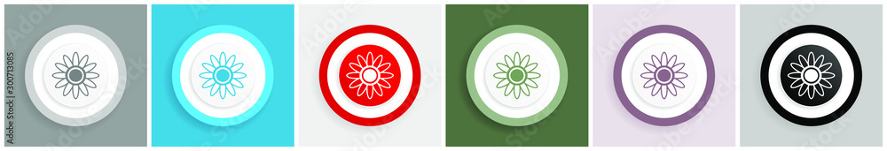 Poster flower icon set, colorful flat design vector illustrations in 6 options for web design and mobile ap