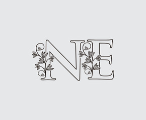 Letter N, E and NE Vintage Floral Logo Icon, overlapping monogram logo, Simple Swirl Black color Logo on white background. Classy Letter Logo Icon.
