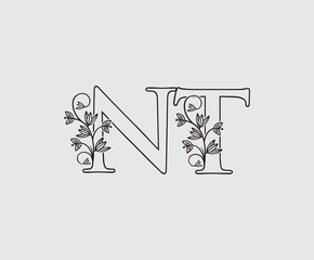 Letter N, T and NT Vintage Floral Logo Icon, overlapping monogram logo, Simple Swirl Black color Logo on white background. Classy Letter Logo Icon.
