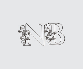 Letter N, B and NB Vintage Floral Logo Icon, overlapping monogram logo, Simple Swirl Black color Logo on white background. Classy Letter Logo Icon.