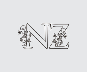 Letter N, Z and NZ Vintage Floral Logo Icon, overlapping monogram logo, Simple Swirl Black color Logo on white background. Classy Letter Logo Icon.