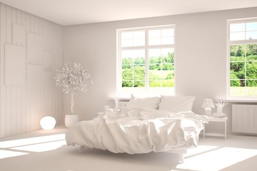 Stylish bedroom in white color with smmer landscape in window. Scandinavian interior design. 3D illustration