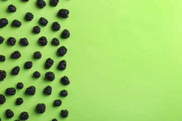 Fresh ripe blackberries on green background, flat lay. Space for text