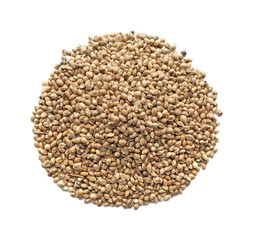 Pile of hemp seeds on white background, top view