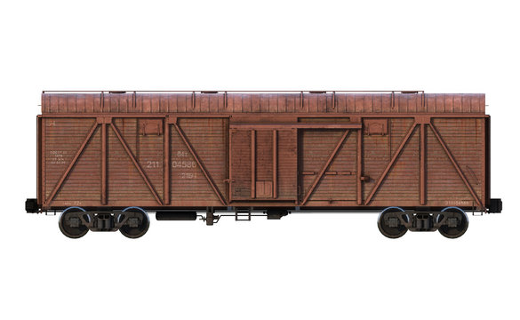 3d-renders of cargo railroad car (boxcar). Side view