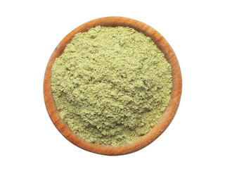 Bowl of hemp protein powder isolated on white, top view