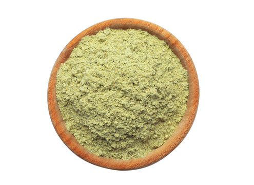 Bowl Of Hemp Protein Powder Isolated On White, Top View