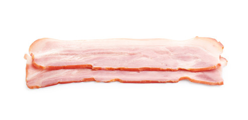 Slices of raw bacon on white background