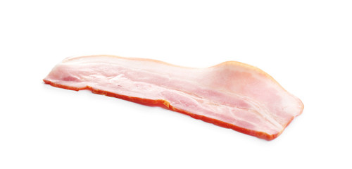 Slice of raw bacon on white background