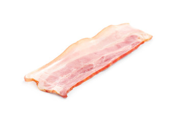 Slice of raw bacon on white background