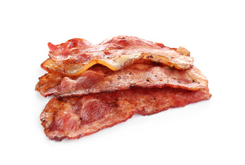 Slices of tasty fried bacon on white background