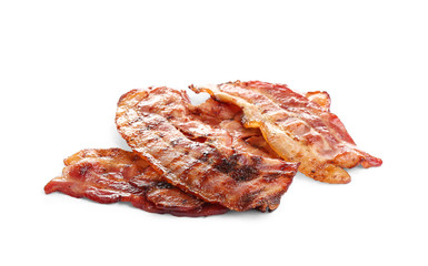 Slices of tasty fried bacon on white background