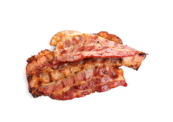 Slices of tasty fried bacon on white background