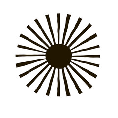 Simple solar shape clip art in vector. Black sun circle with rays design element isolated on white. Decorative sunny icon in paper cut style.