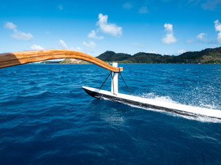 Sailing around blue lagoon and Otemanu mountain at Bora Bora island, Tahiti, French Polynesia