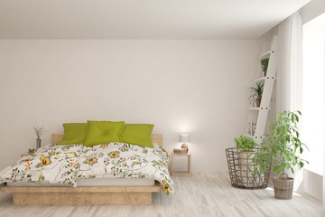 Stylish bedroom in white color. Scandinavian interior design. 3D illustration