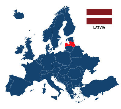 Simple illustration of a map of Europe with highlighted Latvia and Latvian flag isolated on a white background