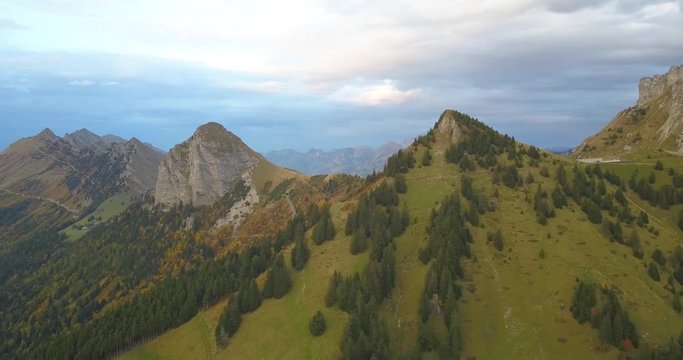 4k drone shot of montain in autumn in swiss alps