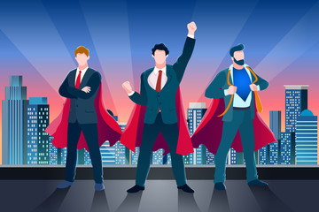 Businessmen in superhero cloaks on roof. Vector business metaphor illustration. Concept of success teamwork, leadership © Qualit Design