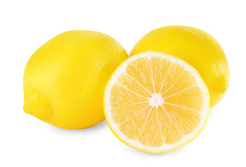 Sliced and whole fresh lemons on white background