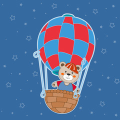 Naklejka premium Cute cartoon bear teddy balloon ride. Greeting card.