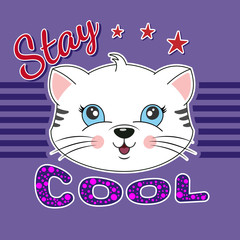 Greeting card cute cartoon cat with the inscription stay cool.