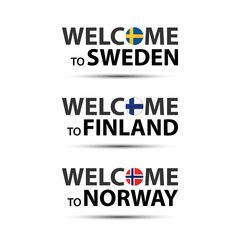 Welcome to Sweden, welcome to Finland and welcome to Norway symbols with flags, simple modern Swedish, Finnish and Norwegian icons isolated on white background