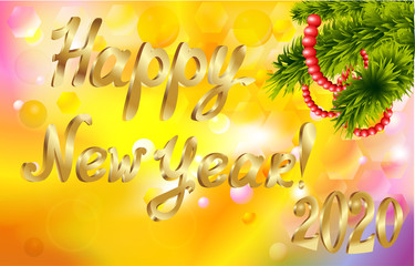 Against a gold glittering background, the spruce branch is decorated with beads; gold lettering 