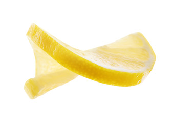 Slice of fresh juicy lemon on white background
