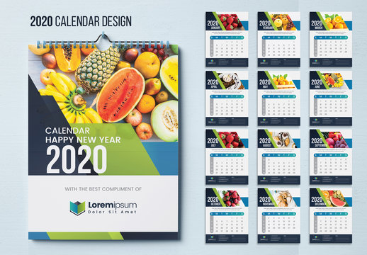 Wall Calendar Layout with Blue and Green Geometric Elements