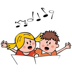 Singing children, girl and boy with a songbook, vector illustration