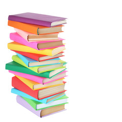 Stack of colorful books on white background