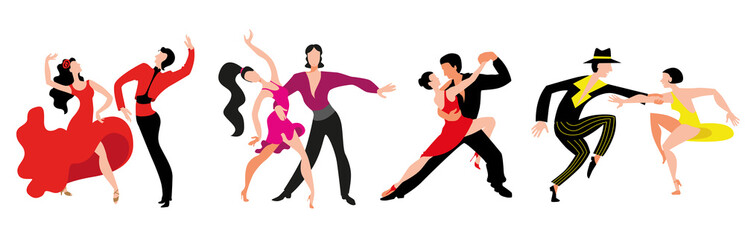 A set of couples dancing Latin American dancing. Couples dance Samba, Rumba, Paso Doble, Jive. - obrazy, fototapety, plakaty