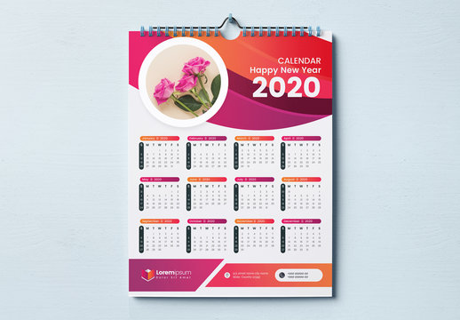 One Page Wall Calendar Layout with Red and Orange Wave Design