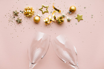Flat lay of Celebration. Champagne glasses and Christmas decoration