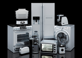 Set of kitchen and home appliances in silver color, 3D rendering