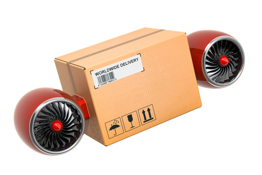 Parcel with jet engines. Fast delivery concept, 3D rendering