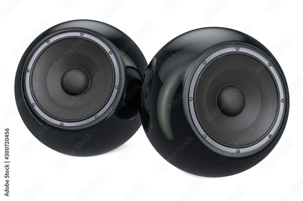 Poster speakers in shape of spheres, 3d rendering