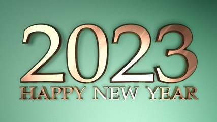 2023 Happy New Year copper write on green background - 3D rendering illustration