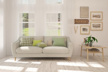 Stylish room in white color with sofa. Scandinavian interior design. 3D illustration