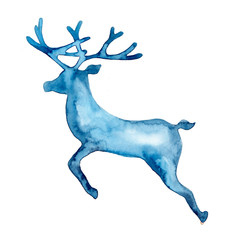 Watercolor full silhouette of jumping deer in blue color. Animal painting. Stag and antler christmas illustration isolated on white background. Decorative New Year symbol for print, decor. Reindeer.
